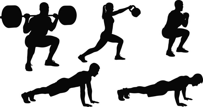 Black silhouette gym workout set with fitness icons of people lifting weights doing pushups and squats for athletic training design elements