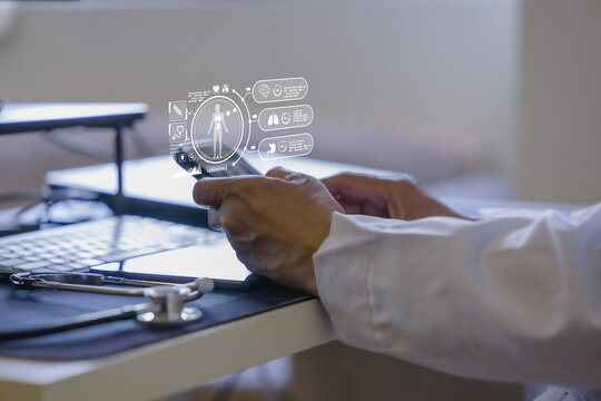 Doctor using digital healthcare interface with virtual patient data, medical analytics and AI diagnostics in a modern clinic