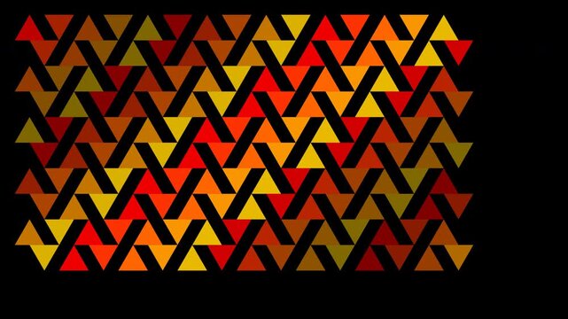 Abstract animation of interlocking geometric triangles in warm red and orange tones shifting on a black background.