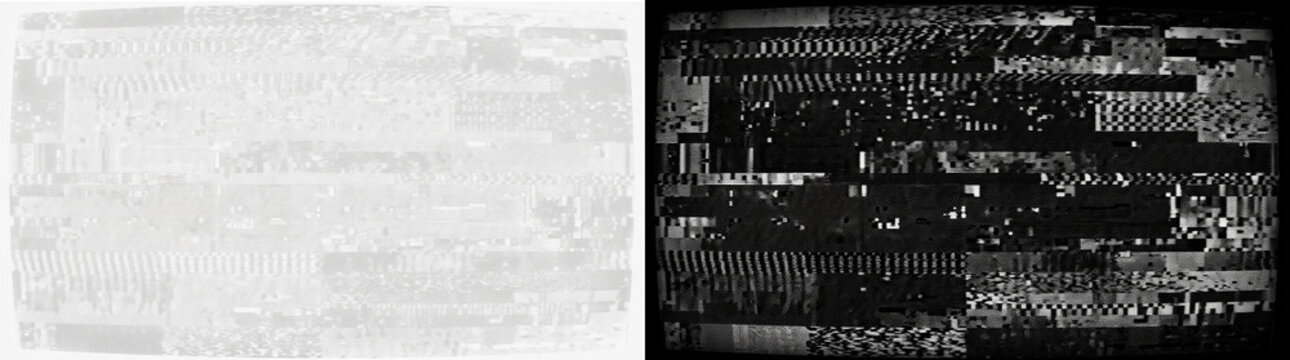 White digital glitch texture with halftone patterns and retro television noise, abstract monochrome geometric interference effect for modern tech background, UI design, and creative video overlays