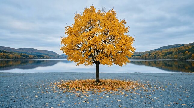 Single yellow maple tree by a lake in autumn