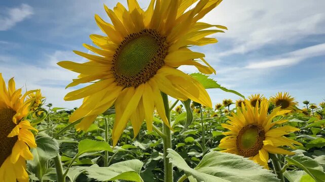 Close up of blooming sunflower field with honey bees pollinating bright yellow sunflower blossoms on a sunny summer day. Green leaves, agricultural landscape and natural pollination