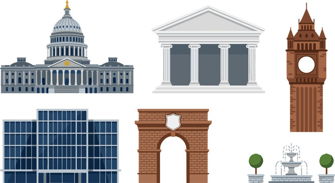  Government and city landmark building vector set featuring capitol dome courthouse greek temple big ben tower office arch and fountain on white background