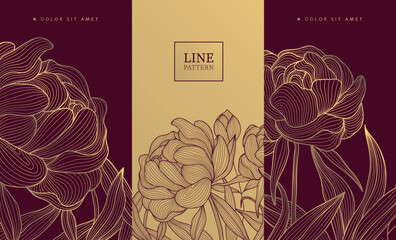 Obraz premium Luxury floral pattern with elegant golden line flowers, peonies, and botanical ornaments inspired by Chinese and Japanese art. Wedding art deco invites, wine labels, packaging, beauty products
