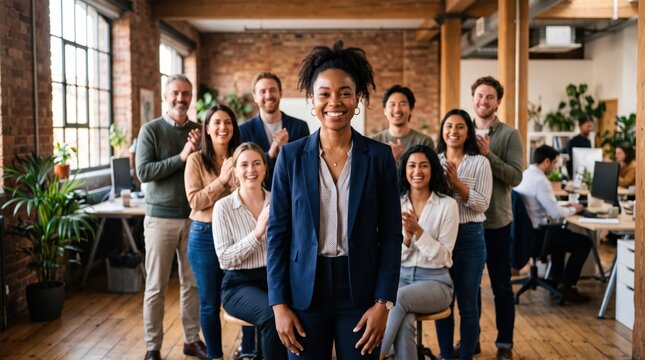 Professional female executive standing in front of applauding mixed gender team in open plan office, confident leadership moment highlighting diversity and workplace unity