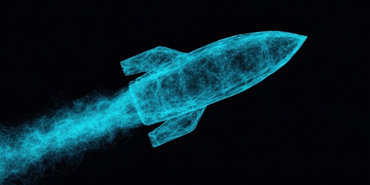 3D wireframe rocket launching against black background representing digital innovation and technology startup growth
