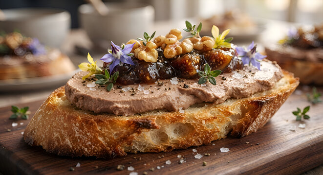 luxurious duck p&acirc;t&eacute; crostini served on toasted baguette slices