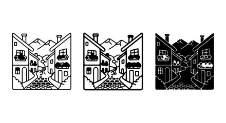 Fototapeta premium Charming Village Street Scene Vector Art, European Town Houses, Mountain Landscape Background, Black and White Icons