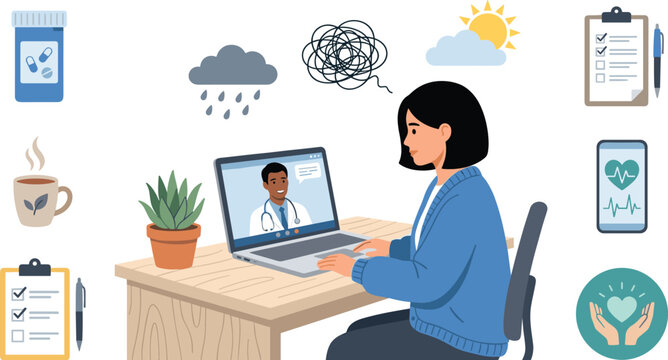 Online therapy and mental health teleconsultation vector illustration featuring woman talking with doctor on laptop pill bottle clipboard and emotional icons