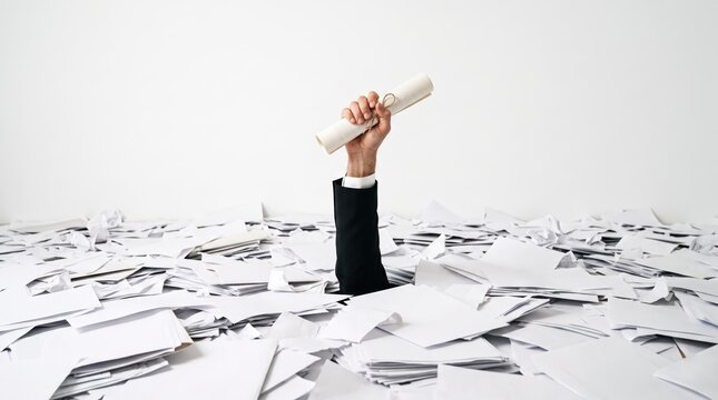 Business person arm raising rolled document above mountain of papers and envelopes, concept of paperwork overload, deadlines and document completion in office environment