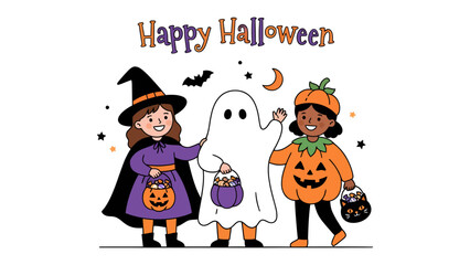 Fototapeta premium Happy Halloween Kids: Three children dressed in festive Halloween costumes—a witch, a ghost, and a pumpkin—stand together holding candy buckets, ready for trick-or-treating under a starry night sky.