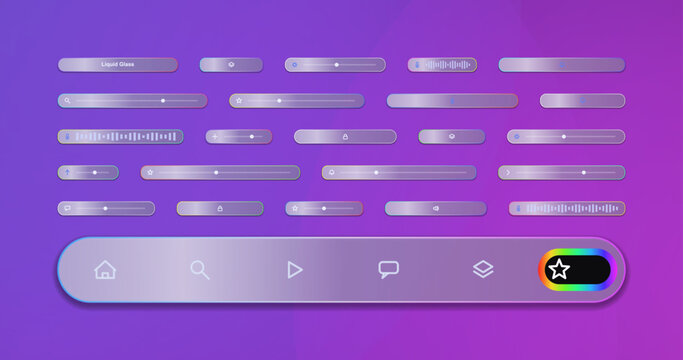 Frosted glass ui elements for web and app design modern design aesthetic with gradient backgrounds and sleek controls slider and toggle widgets.