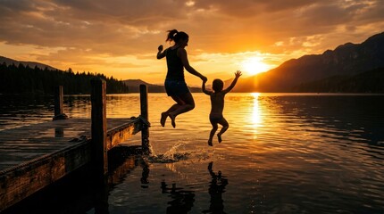 Fototapeta premium Mother and Child Jumping into Lake at Sunset Silhouette.