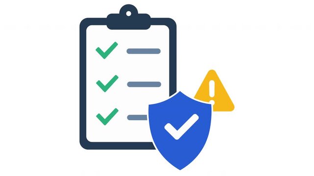Flat vector animation of clipboard checklist with security shield checkmark badge, task compliance, and data protection concept.