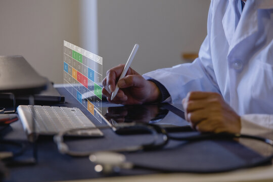 Doctor managing digital appointment calendar on tablet in a modern clinic. Healthcare scheduling patient management, medical planning electronic records telemedicine and workflow efficiency.