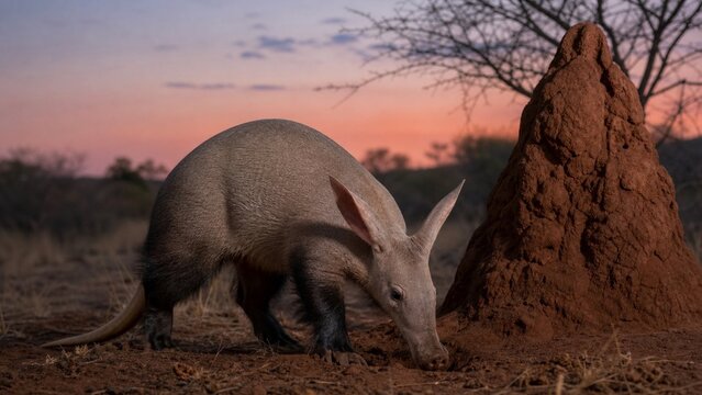 Aardvark at Dusk Beside a Termite Mound