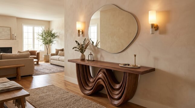 Sculptural wooden console table with organic mirror in modern living room entryway; warm neutral palette, minimalist decor and natural materials with daytime light