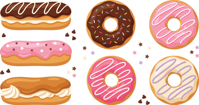  Sweet bakery desserts vector illustration set featuring glazed chocolate strawberry and caramel eclairs alongside frosted sprinkles donuts on white background