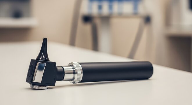 Close-up of a medical otoscope on a clean examination table in a doctor's office, professional diagnostic tool