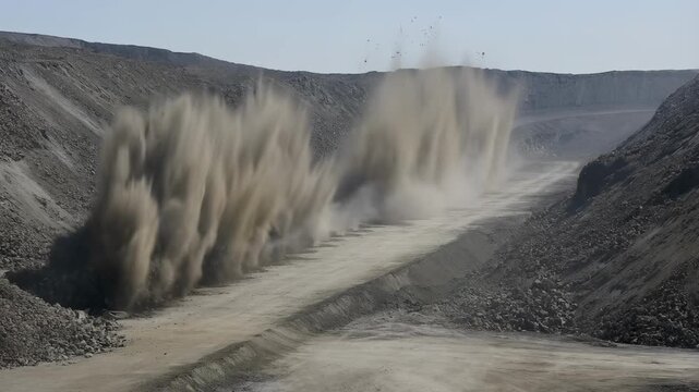 Sequential blast detonations throw columns of rock and dust upward along an open pit mine bench in dramatic slow motion. Open pit blast sequence concept