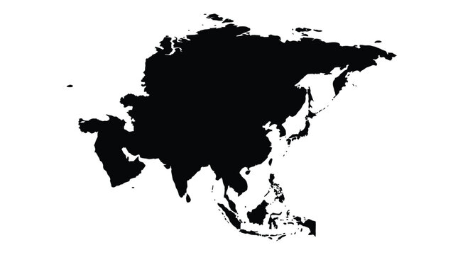 Asia map silhouette. Detailed black continent shape isolated on white background.