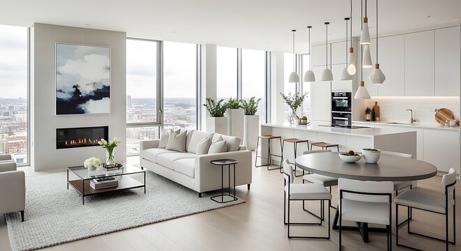 Modern luxury open plan apartment living room and kitchen interior
