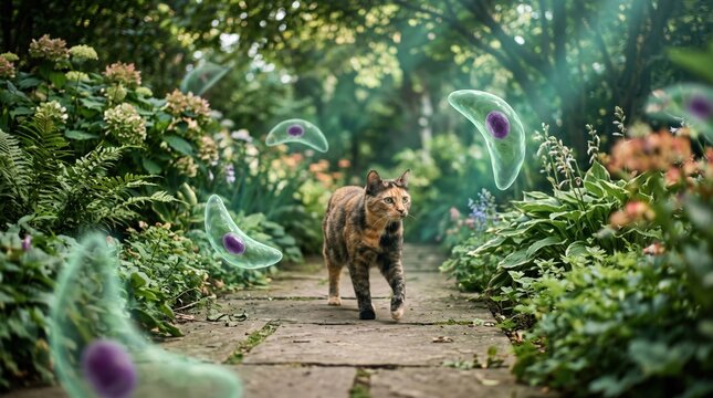Cat amidst Microscopic Wonders: A calico cat walks on a garden path, surrounded by glowing, bioluminescent microscopic organisms, blending the domestic with the scientific marvels of nature.