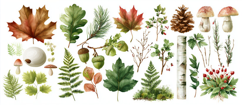 Set of forest elements isolated on white background, watercolor style autumn leaves, mushrooms, pine cones, acorns, fern, birch bark and berries for seasonal design projects and nature invitations