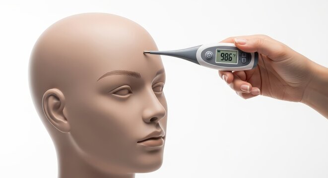 Close-up of a human hand holding a digital thermometer against a bald mannequin head to check temperature