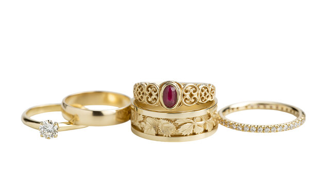 Gold wedding rings with diamond and ruby gemstones