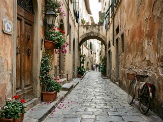 Obraz premium Charming Italian alleyway with flowers and bicycle