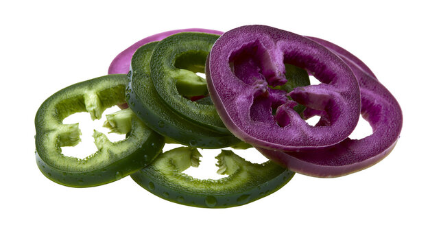 Green and purple jalapeno pepper slices