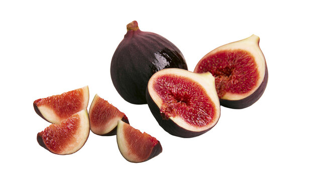 Whole and sliced ripe purple figs with red flesh