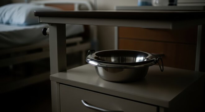 Close-up of a medical bedpan on a bedside table in a hospital room, with a hospital bed in the background