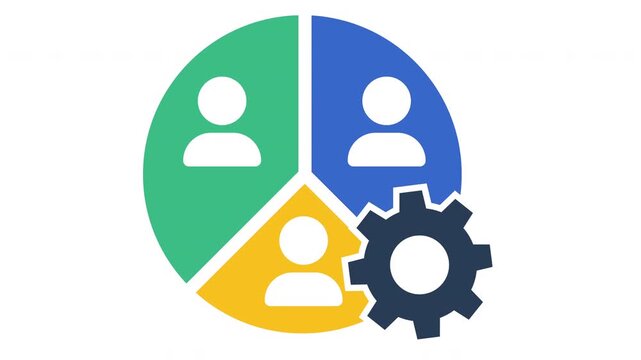 Flat vector animation of a pie chart diagram with user profile icons and settings gear, team management and workflow concept.