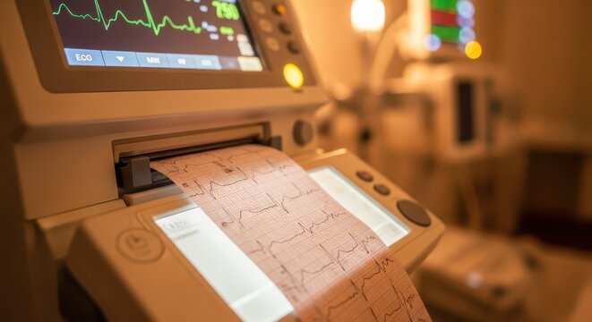 Close-up of a medical electrocardiogram machine printing vital heart rhythm data in a hospital setting