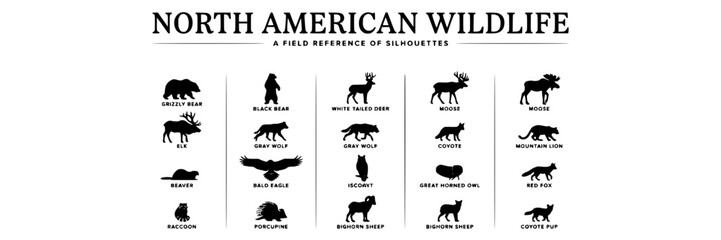 Fototapeta premium North American Wildlife Silhouettes Featuring Bears, Wolves, Deer, and Other Animals Featuring Moose, Cougar, Mountain Lion
