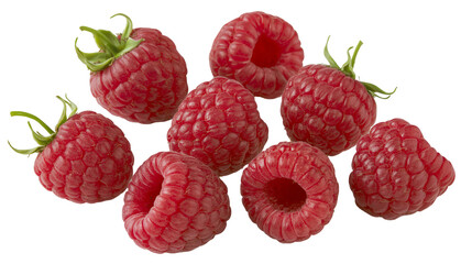 Group of fresh ripe red raspberries with green leaves © Ari