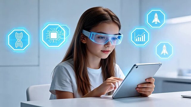 Young girl using tablet with digital icons