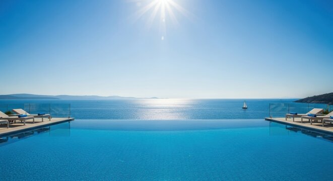 Infinity pool overlooking the blue sea with a sailboat on the horizon