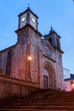 Santa Maria do Campo church in the old town of the beautiful village of Viveiro, in the Rias Altas area of Galicia, Spain, illuminated at night.
