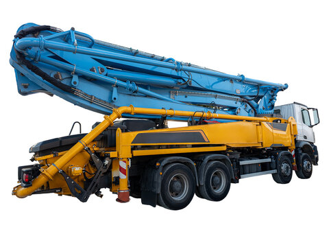 Professional concrete pump truck with yellow body and blue boom arm for industrial use on white background