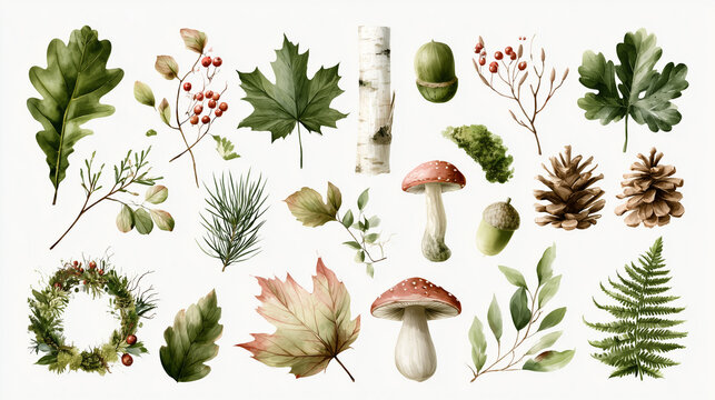 Watercolor forest elements for autumn and winter. Includes diverse leaves, vibrant red berries, rustic pine cones, charming mushrooms, sturdy acorns, textured birch bark, and a festive wreath.