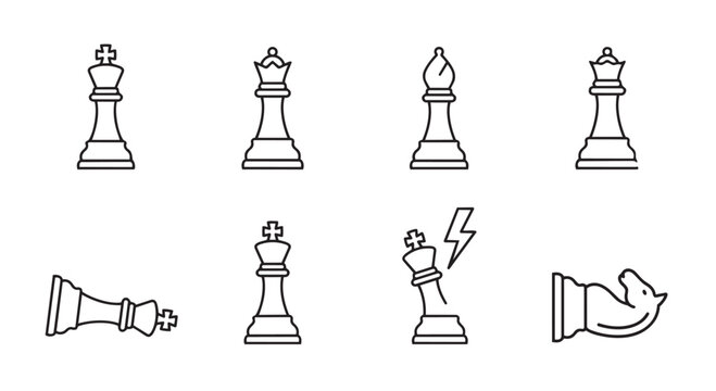 Chess game pieces line icon set representing tactics and victory with strategy checkmate thinking