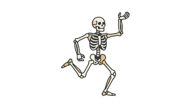 playful skeleton running cartoon style in beige and black colors with exaggerated limbs and smiling face suitable for health fitness and halloween themes