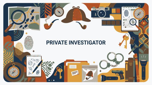Private investigator equipment frame with detective icons.