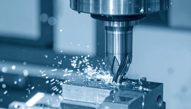 Precision Machining Process - CNC Milling Metal with Sparks.
