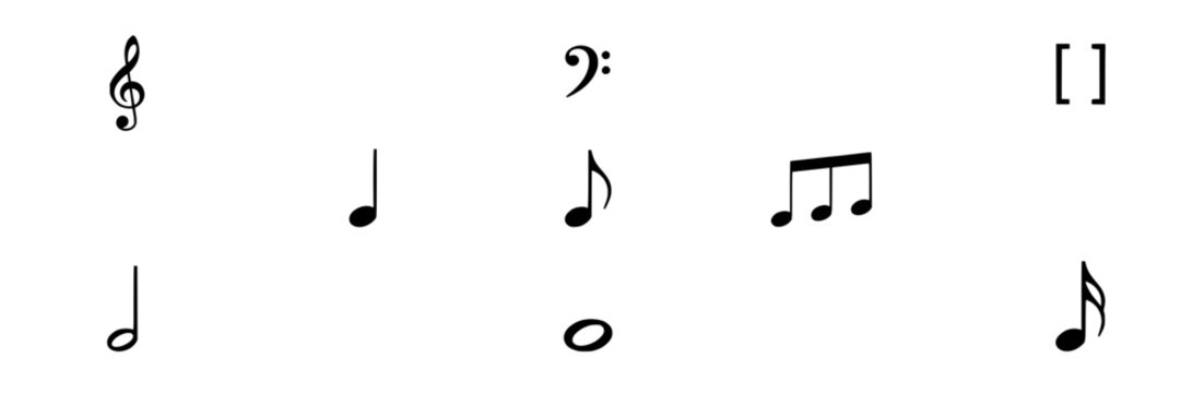 Musical Notes and Clefs Arranged in a 3x3 Grid Featuring Treble, Bass, Symbols with Music and Notation Elements for Sheet, Staff