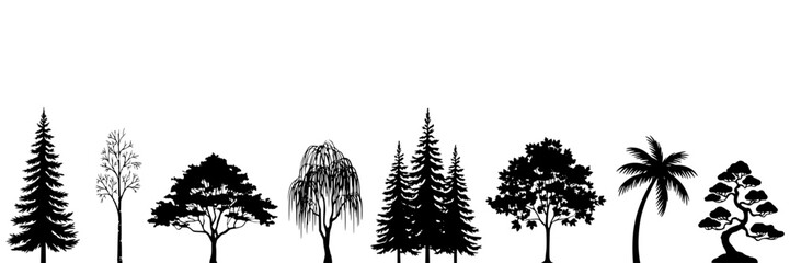 Obraz premium Trees in Various Silhouettes Arranged in a Row Featuring Tree, Silhouette, Forest with Nature and Plant Elements for Leaf, Branch