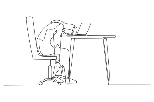 A continuous line drawing depicting an exhausted young Arab businessman collapsing his head onto his office desk in front of his laptop, defeated by workplace stress and burnout.